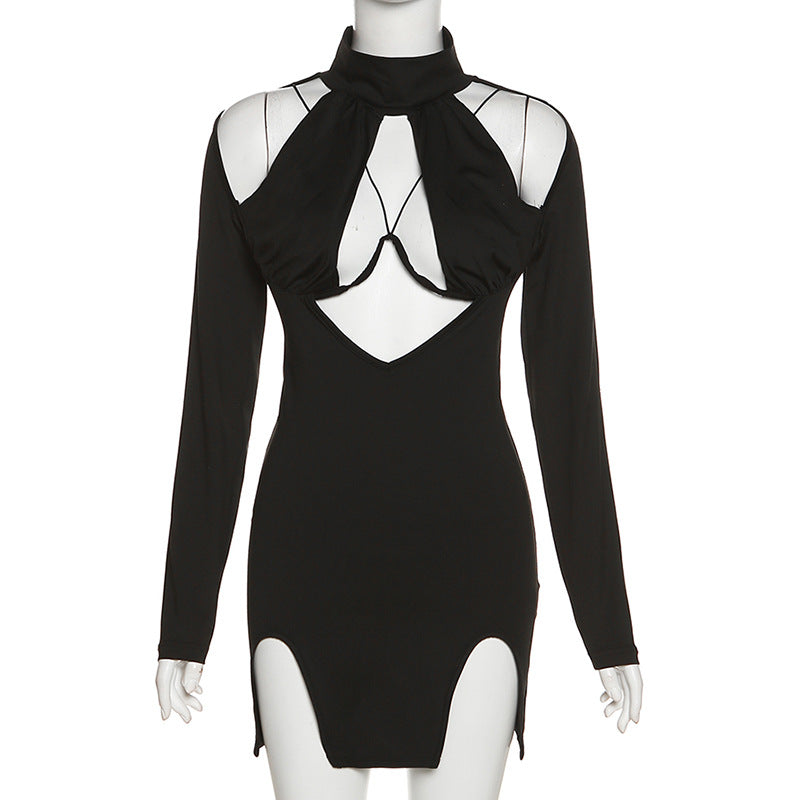 Slimming Long Sleeve Solid Color Dress