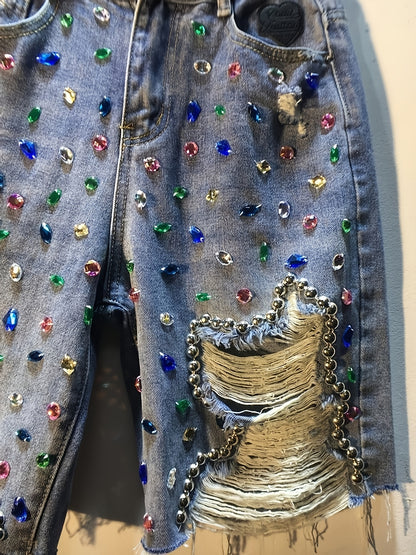 Luxury Rhinestone Beaded Design, Soft Breathable Summer Outdoor Casual Shorts