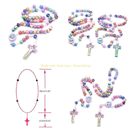 L9NB Rosary Necklace Catholic Rose Beads Religion Long Chain Children