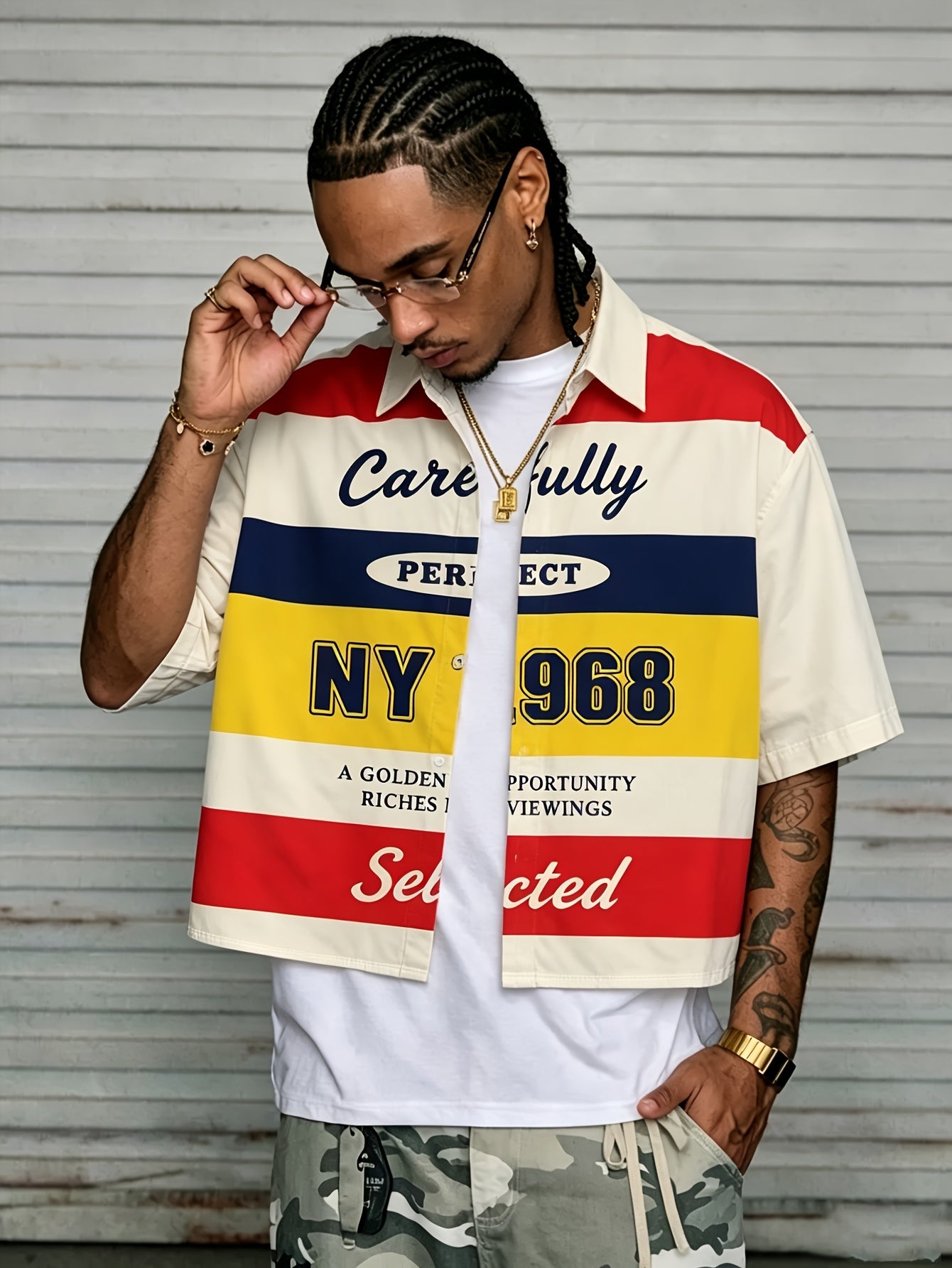 Retro Preppy Style Digital Print Short Top, Men'S Summer Street Hip-Hop Casual Bare-Midriff Shirt