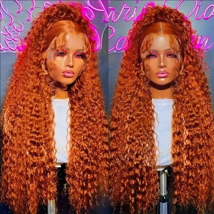 30Inch Orange Ginger Water Wave Lace Front Wigs 13x4 13x6 #350 Colored Wigs Brazilian Human Hair Deep Wave Curly Wigs 260Density