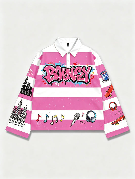 Men'S Pink And White Striped Graffiti Print Long Sleeve Polo Shirt, Y2K Hip Hop Streetwear Casual Top for Daily And Campus