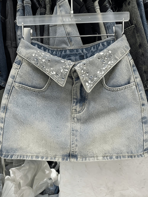 Vintage Rhinestone Denim Skirt High WAIST
