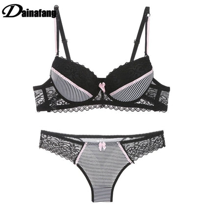 Lace Striped Lingerie Set with Bra and Panties