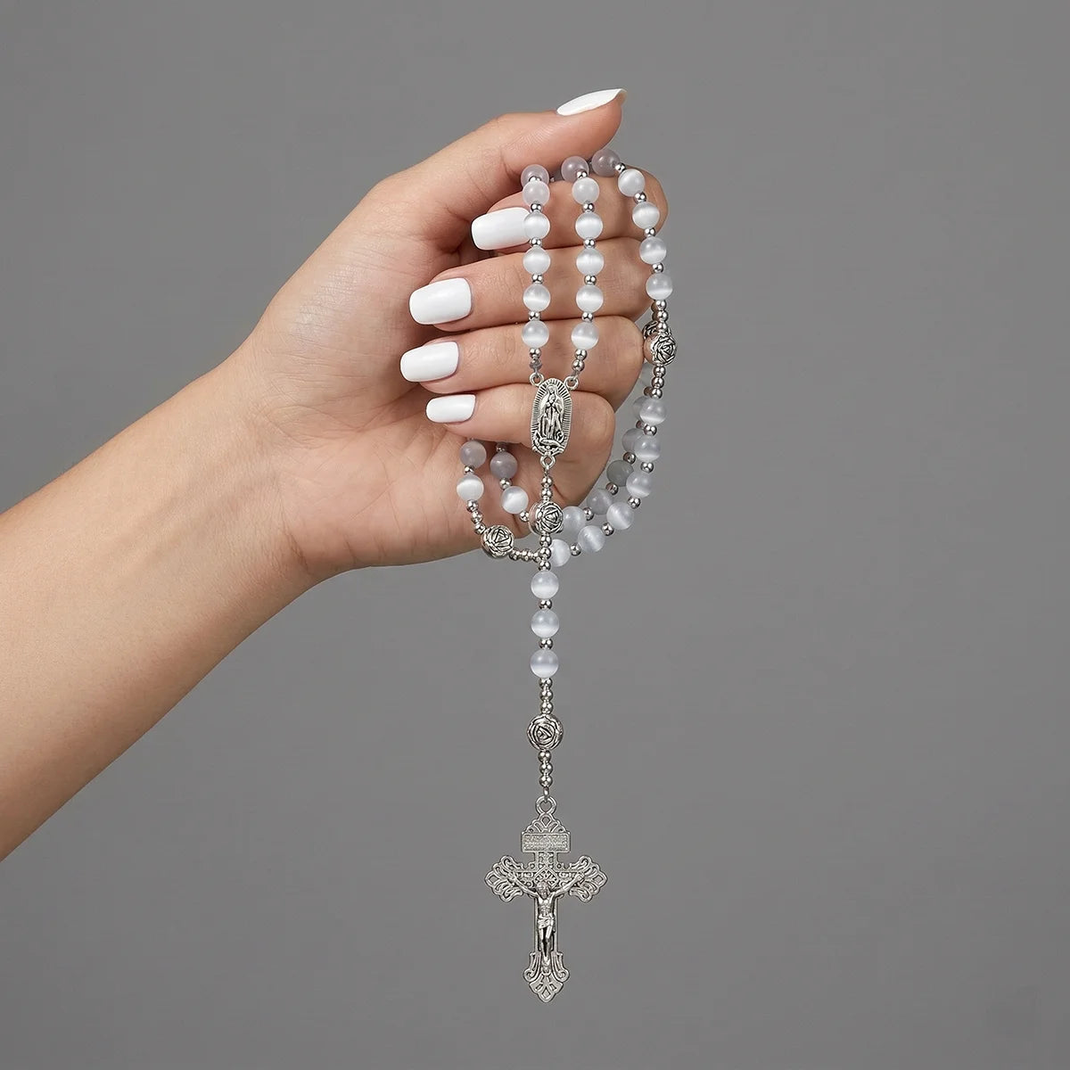 Catholic Rosary White Cat Eye Natural Stone Virgin Mary Cross Pendant Necklace for Women and Men Jewelry Gift