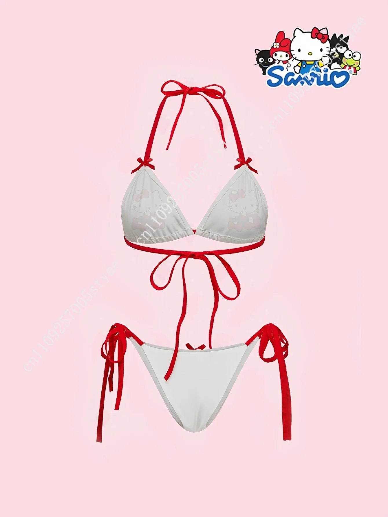 Sanrio Hello Kitty Women's Sexy Red Bow Letter Cartoon Print Wireless Bralette Swim Top Swim Bottom Set