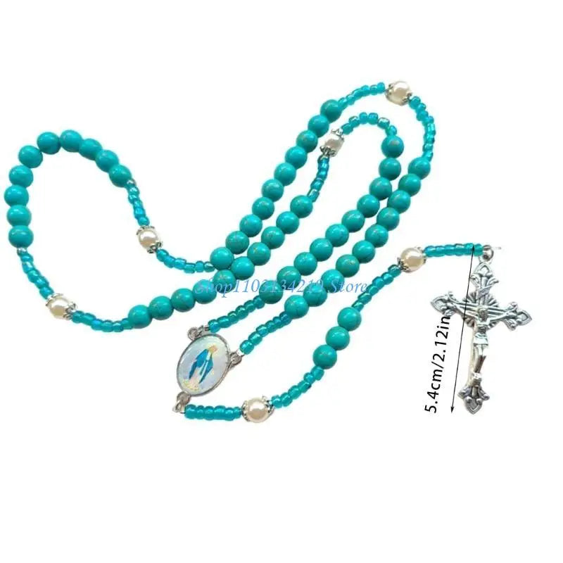N5KC Spiritual Blue Beaded Turquoise Rosary Necklace with Metal Crosses Pendant for Prayer Religious Neckchain Jewelry Gift
