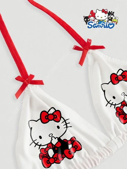 Sanrio Hello Kitty Women's Sexy Red Bow Letter Cartoon Print Wireless Bralette Swim Top Swim Bottom Set