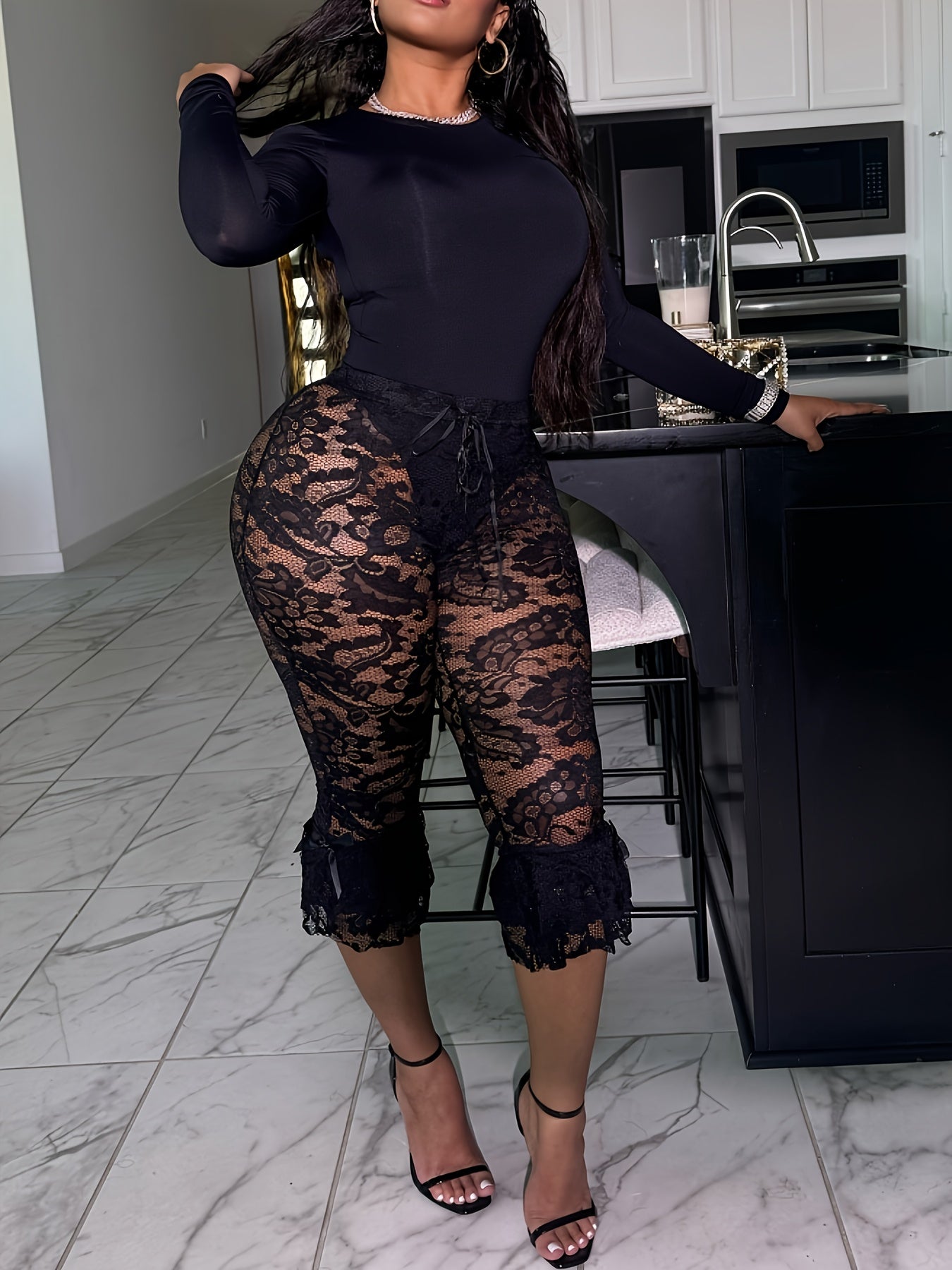 Women's Black Lace Mid-Length Leggings Ruffled