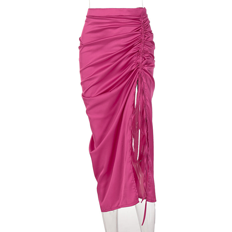 Sleek Ruched Zip Slim Skirt with Drawstring Detail