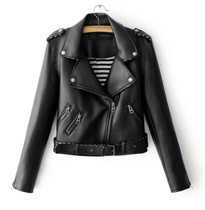 Fashionable Short PU Leather Jacket with Belted Waist