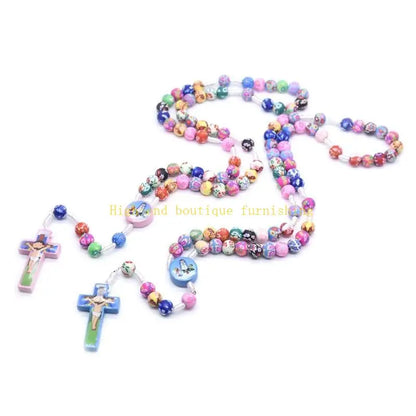 L9NB Rosary Necklace Catholic Rose Beads Religion Long Chain Children