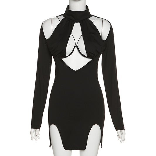 Slimming Long Sleeve Solid Color Dress