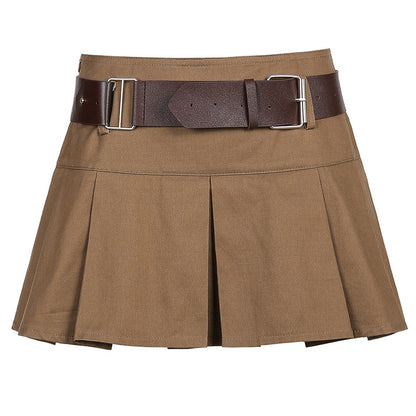 Khaki High Waist Pleated Skirt with Belt