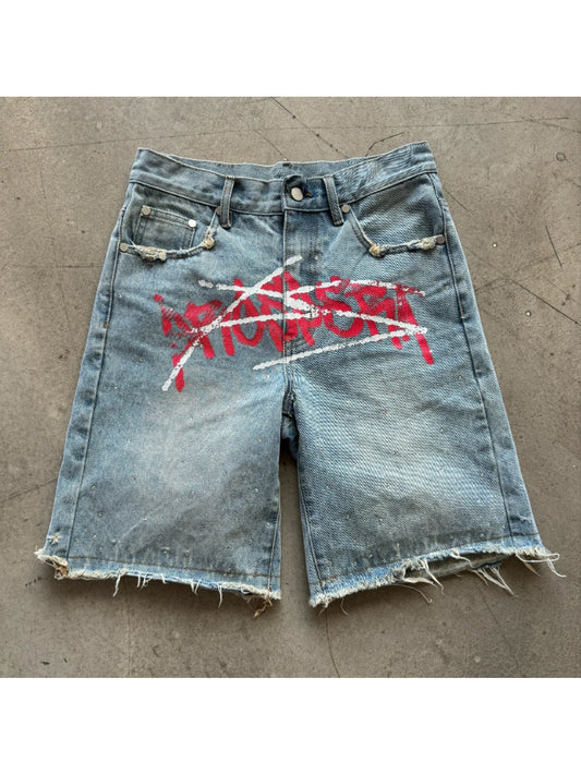 Jean Shorts Womens Y2K Print Distressed Washed Loose Fit Frayed Hem Streetwear