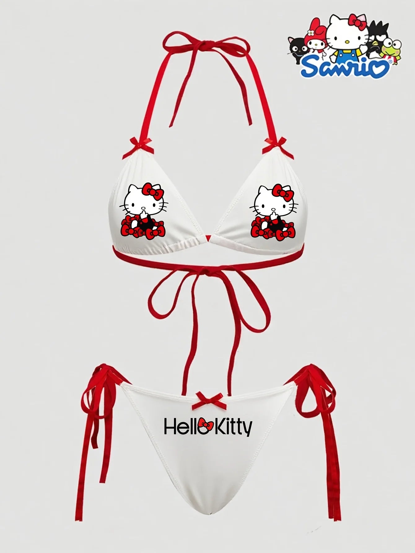 Sanrio Hello Kitty Women's Sexy Red Bow Letter Cartoon Print Wireless Bralette Swim Top Swim Bottom Set