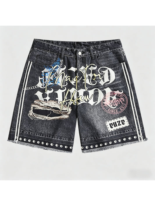 Black Graffiti Print Denim Shorts, Baggy Distressed Jorts