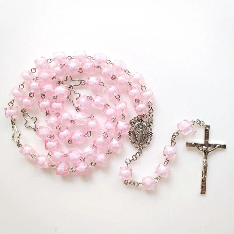 Pink Square for Cross Rosary Necklace Hanging Crafts Bead Chain