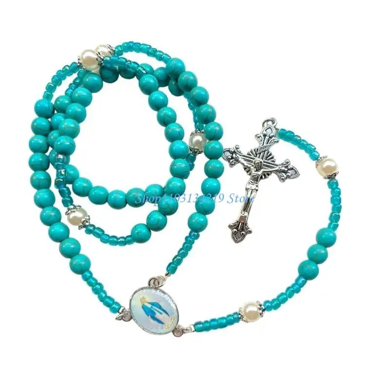 N5KC Spiritual Blue Beaded Turquoise Rosary Necklace with Metal Crosses Pendant for Prayer Religious Neckchain Jewelry Gift