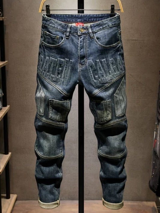 Men'S Vintage Biker Jeans, Heavy Embossed Patchwork Denim Pants