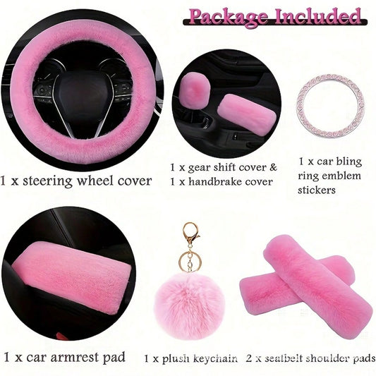 8pcs Set Combination Pink Goddess Plush Car Steering Wheel Cover