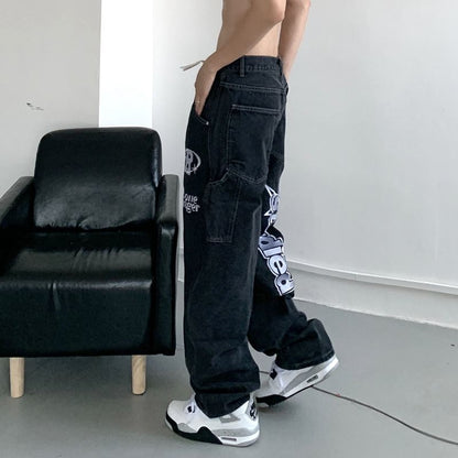 Retro Hip-Hop Embroidered Y2K Wide Leg Jeans for Couples