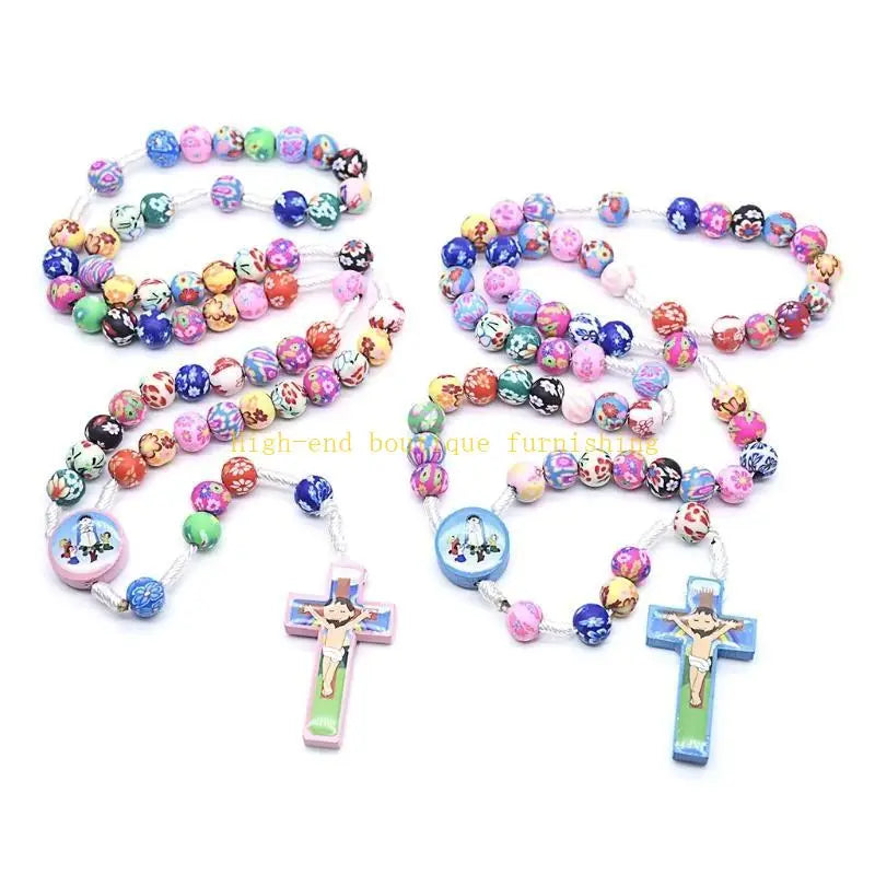 L9NB Rosary Necklace Catholic Rose Beads Religion Long Chain Children