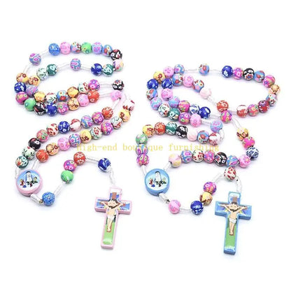 L9NB Rosary Necklace Catholic Rose Beads Religion Long Chain Children