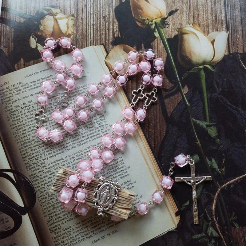 Pink Square for Cross Rosary Necklace Hanging Crafts Bead Chain