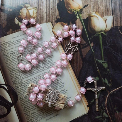 Pink Square for Cross Rosary Necklace Hanging Crafts Bead Chain