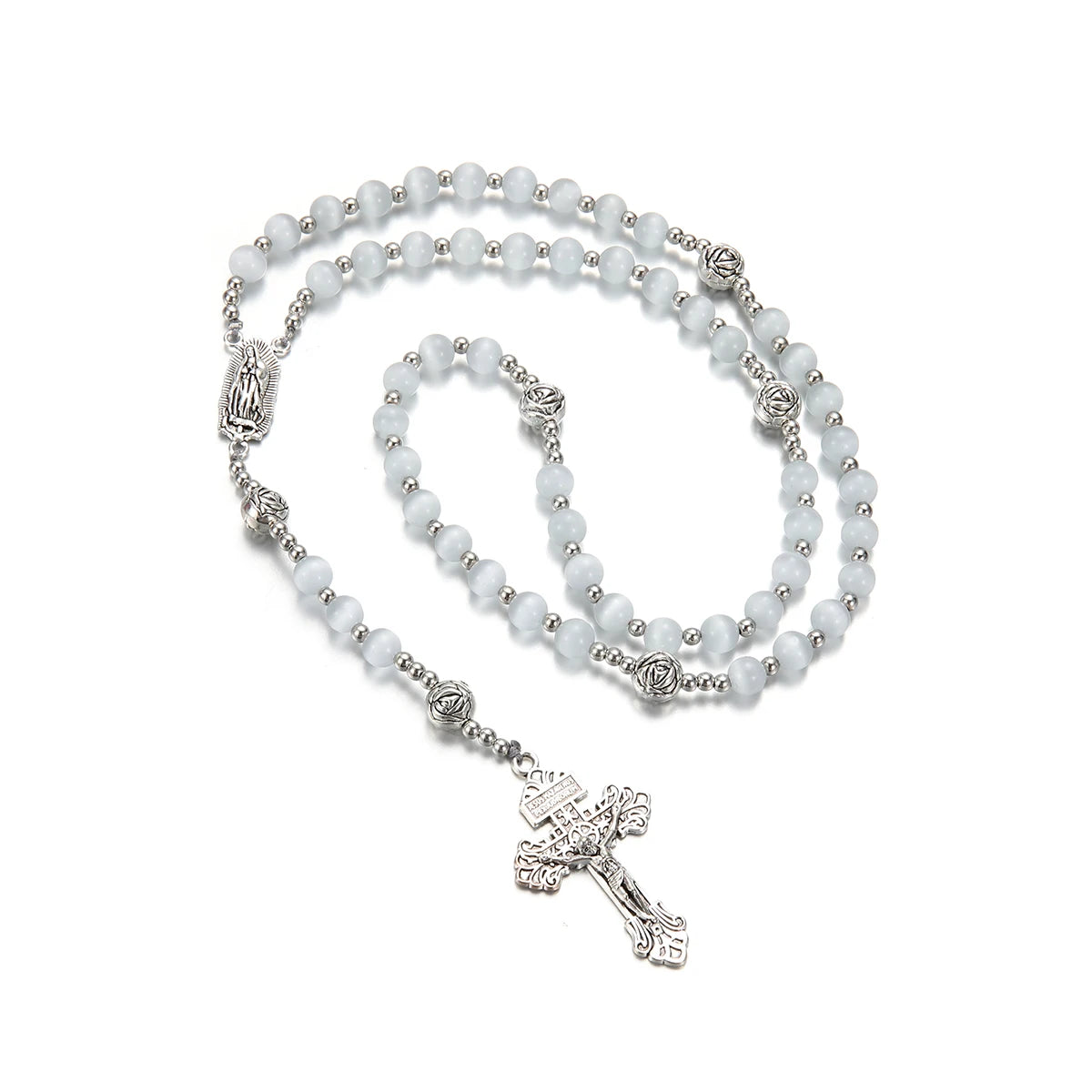 Catholic Rosary White Cat Eye Natural Stone Virgin Mary Cross Pendant Necklace for Women and Men Jewelry Gift