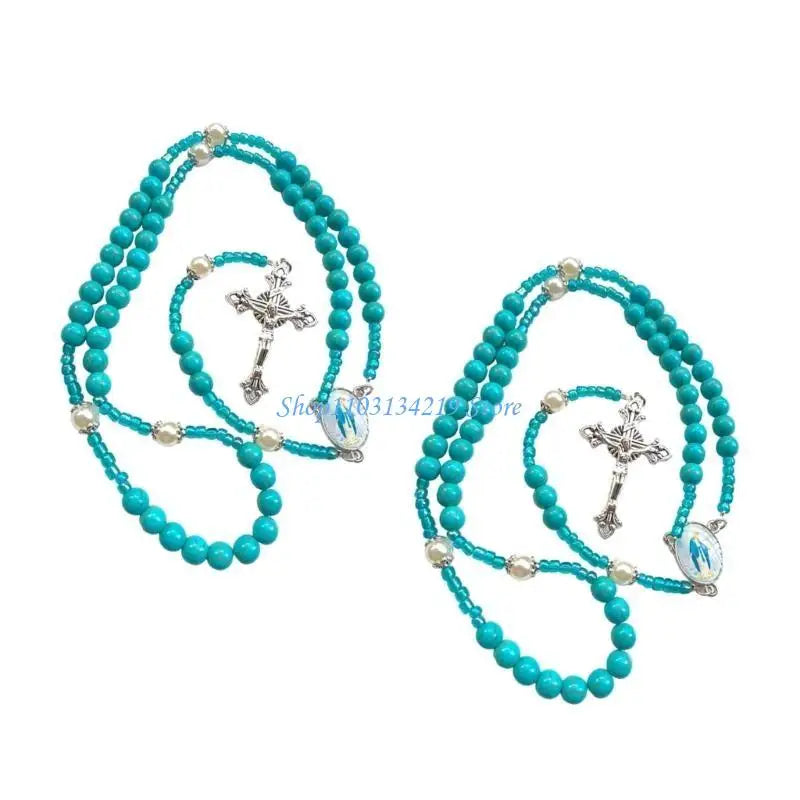 N5KC Spiritual Blue Beaded Turquoise Rosary Necklace with Metal Crosses Pendant for Prayer Religious Neckchain Jewelry Gift