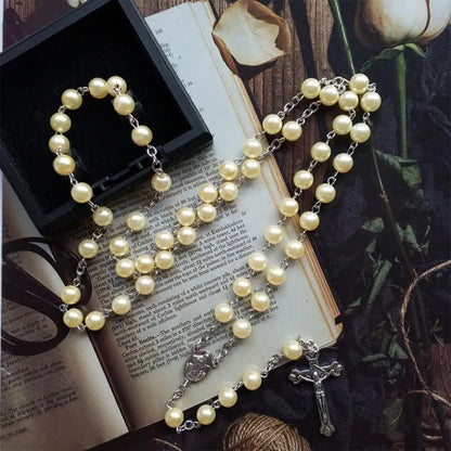 E8BD Lovely Rosary for Cross Crucifix Necklace Christian Catholic Choker for Women