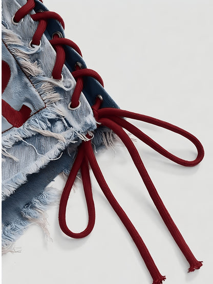 Y2KDenim Shorts, Lace-Up RAWl Jeans Shorts for Women