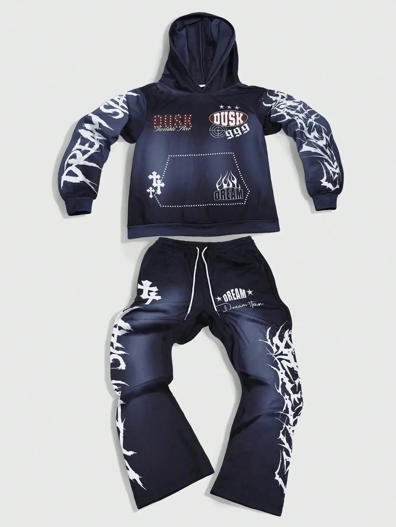 New Washed Gradient Print Hoodie + Loose Straight Leg Pants 2pcs Tracksuit, for Outdoor