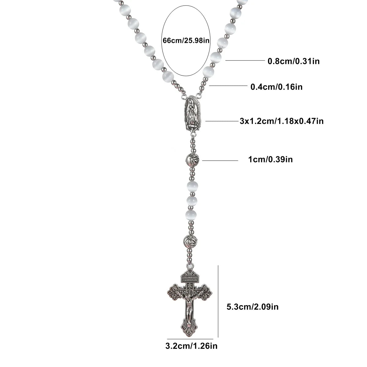 Catholic Rosary White Cat Eye Natural Stone Virgin Mary Cross Pendant Necklace for Women and Men Jewelry Gift