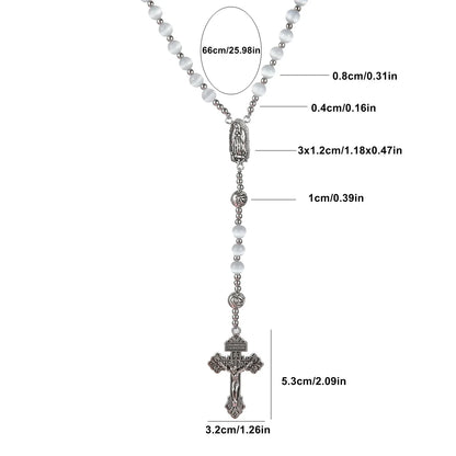 Catholic Rosary White Cat Eye Natural Stone Virgin Mary Cross Pendant Necklace for Women and Men Jewelry Gift